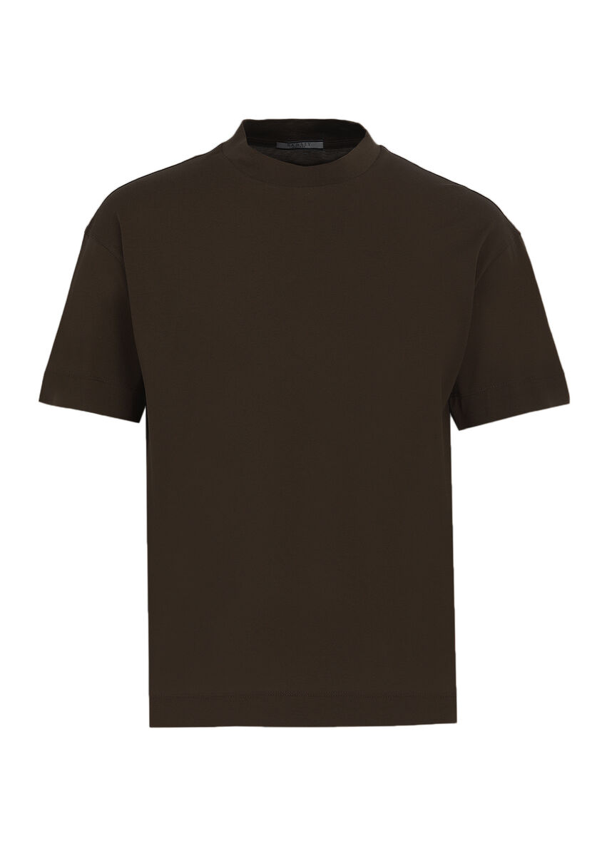 Kahverengi Düz Bisiklet Yaka %100 Pamuk T-Shirt