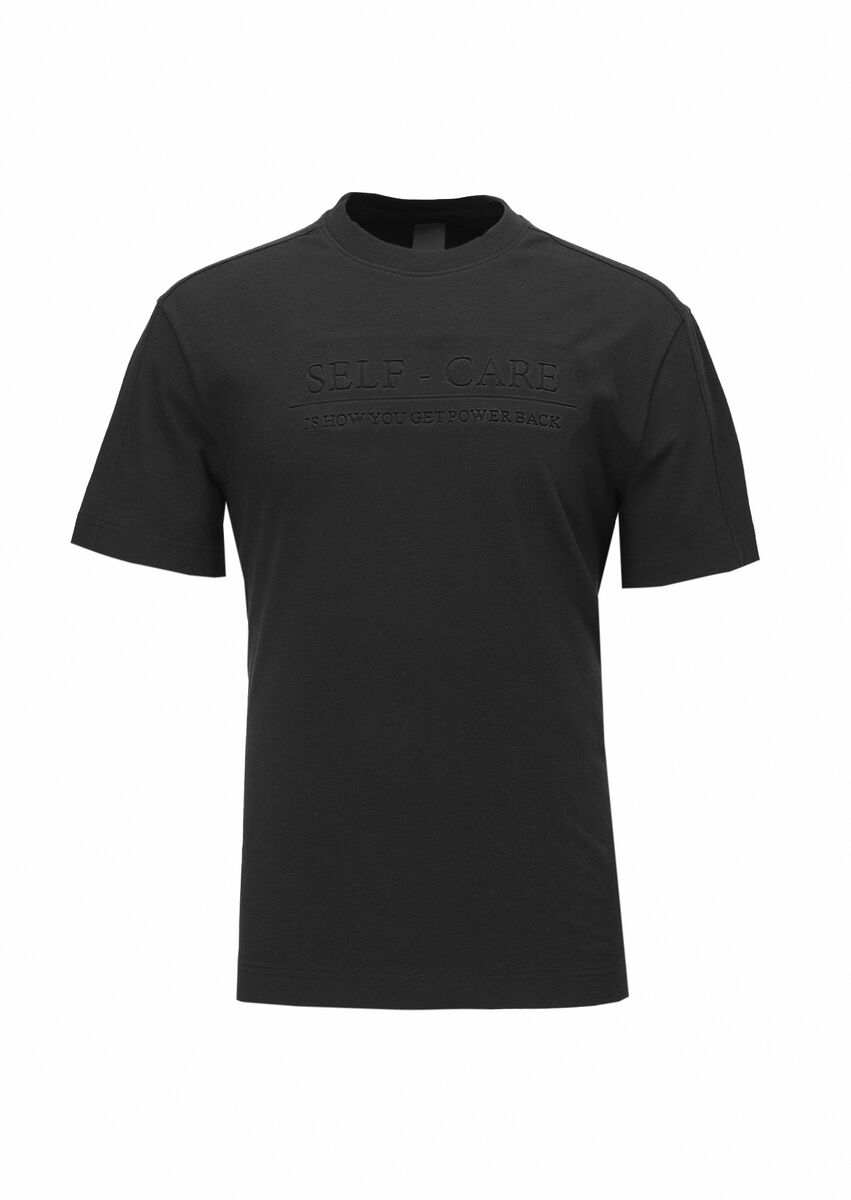 Siyah Baskılı Bisiklet Yaka %100 Pamuk T-Shirt