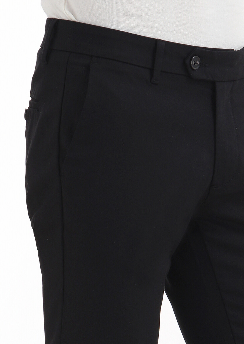 Siyah Düz Dokuma Slim Fit Casual Pamuk Karışımlı Pantolon - Thumbnail