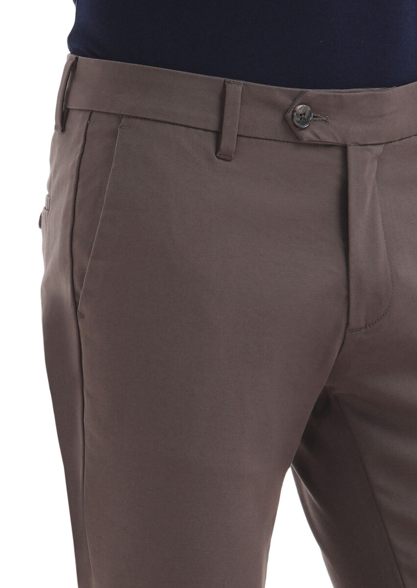 Kahverengi Düz Dokuma Slim Fit Casual Pamuk Karışımlı Pantolon