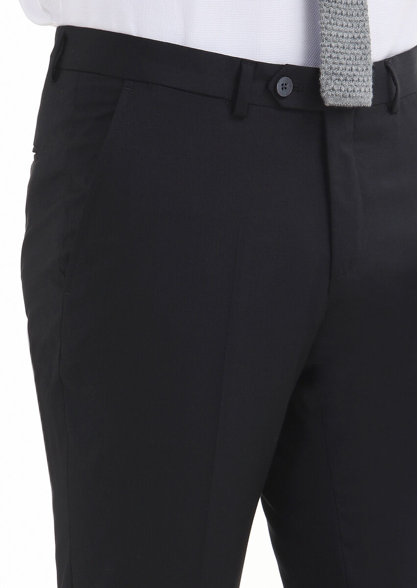Siyah Düz Kumaş Modern Fit Klasik %100 Yün Pantolon