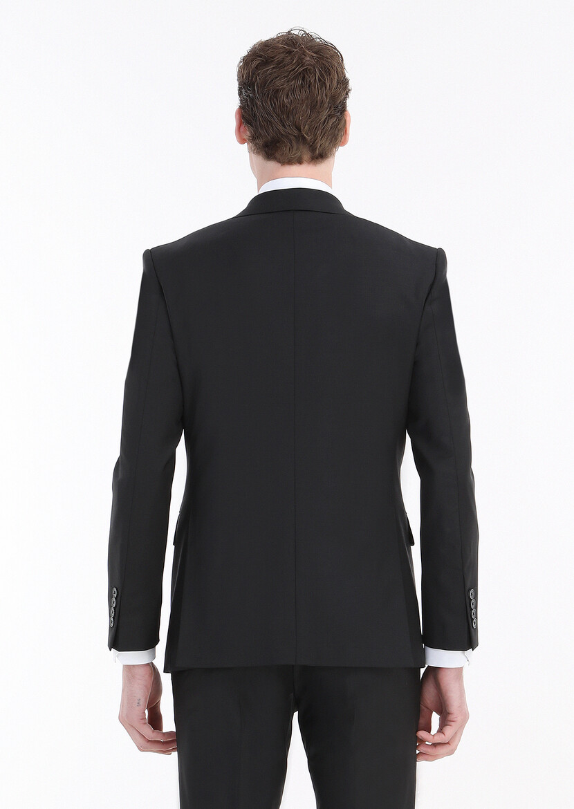 Siyah Düz Modern Fit Yün Karışımlı Takım Elbise - Thumbnail