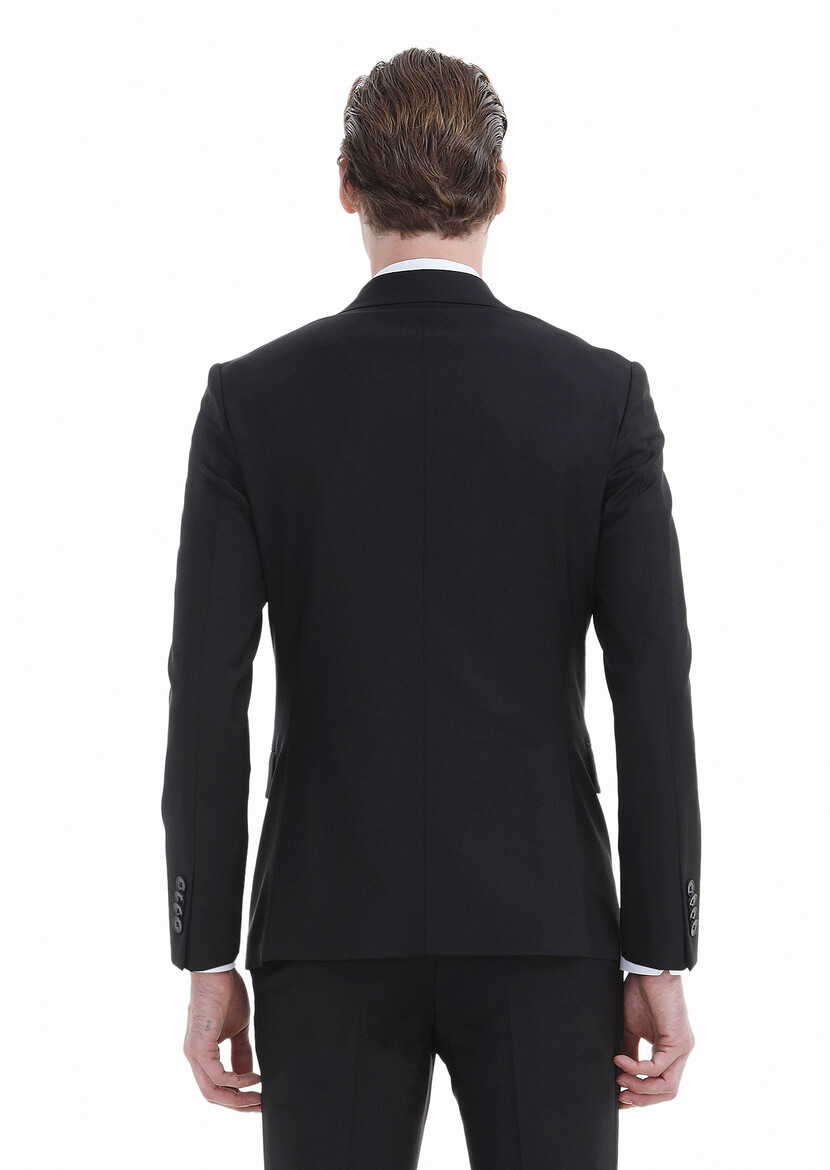 Siyah Düz Zeroweight Slim Fit Yün Karışımlı Takım Elbise - Thumbnail