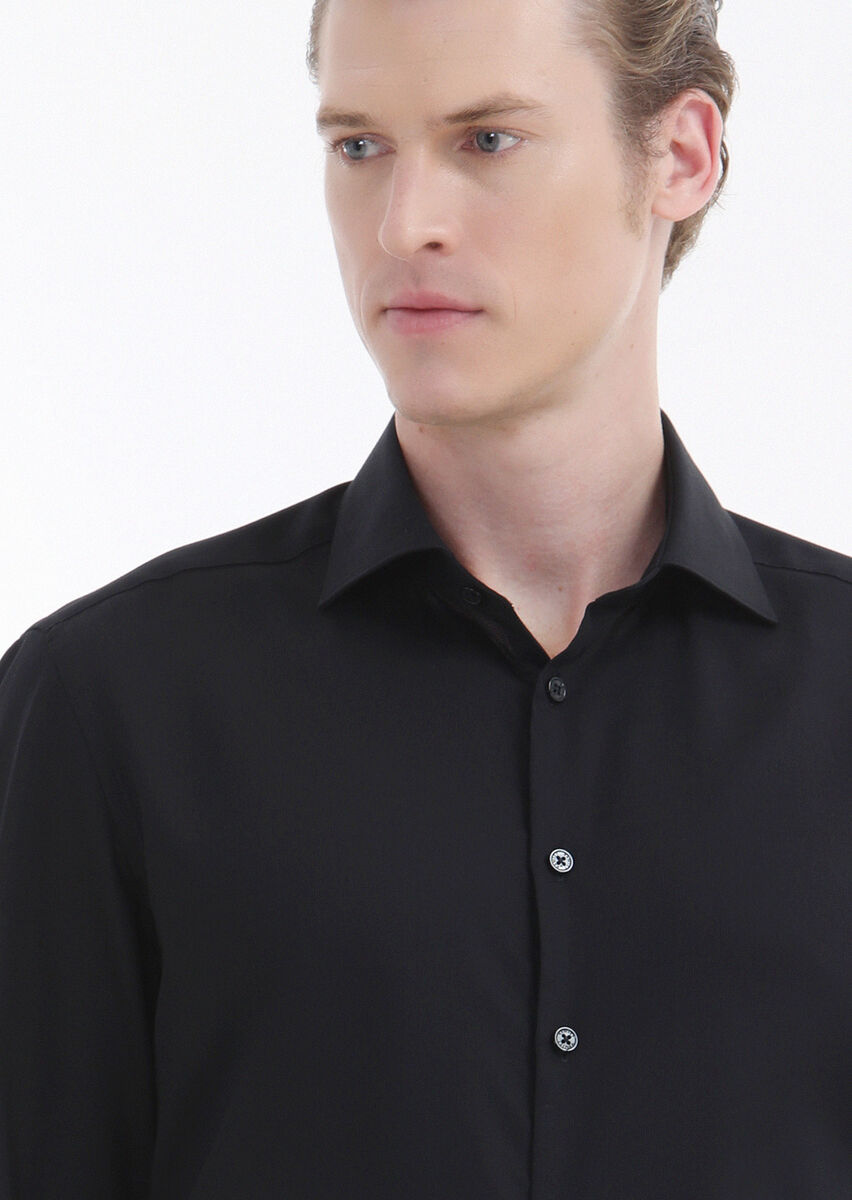 Siyah Düz Regular Fit Dokuma Klasik %100 Pamuk Gömlek
