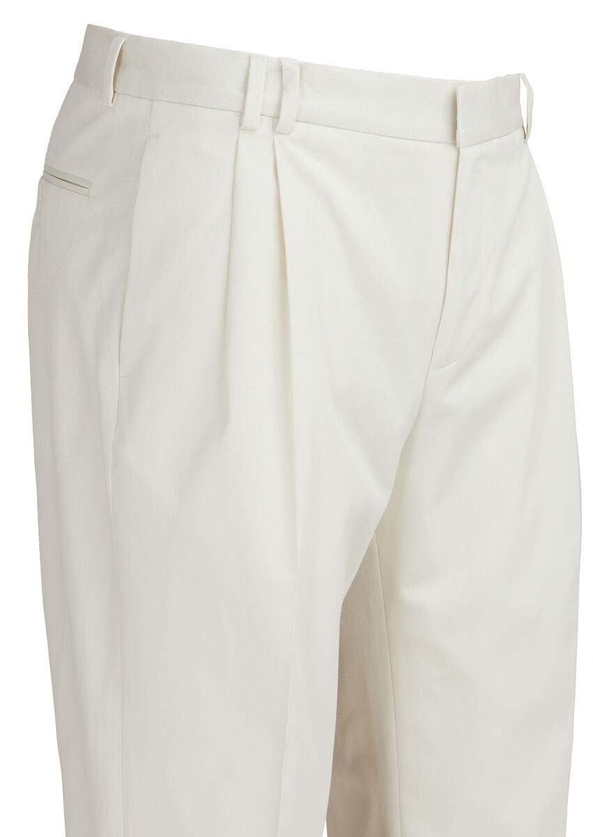 Ekru Düz Kumaş Modern Fit Klasik Pamuk Karışımlı Pantolon
