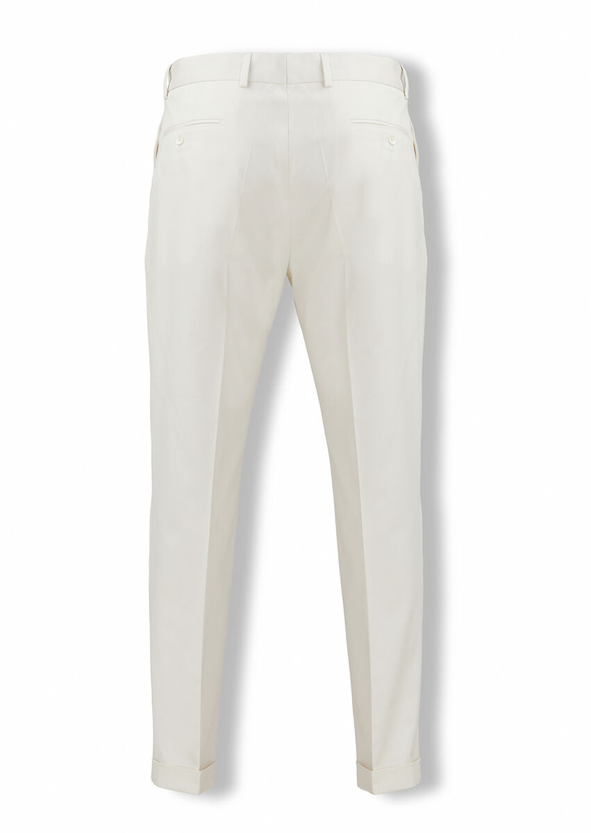 Ekru Düz Kumaş Modern Fit Klasik Pamuk Karışımlı Pantolon