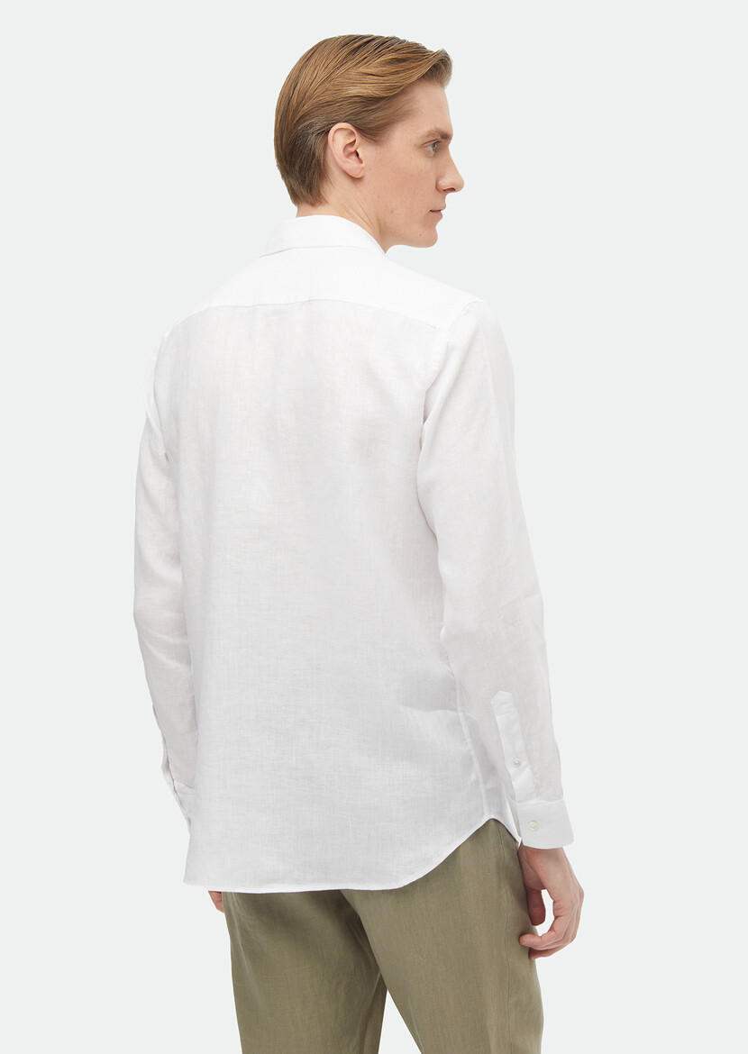 Beyaz Düz Regular Fit Dokuma Casual %100 Keten Gömlek - Thumbnail