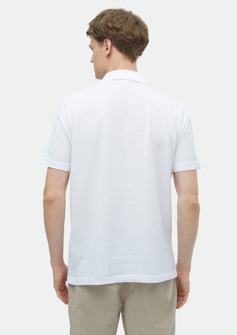 Beyaz Jakarlı Polo Yaka %100 Pamuk T-Shirt - Thumbnail