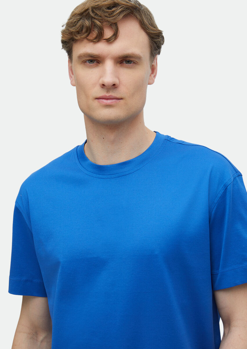 Mavi Düz Bisiklet Yaka %100 Pamuk T-Shirt