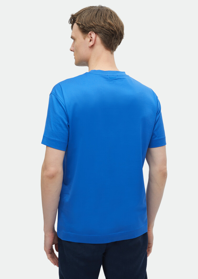 Mavi Düz Bisiklet Yaka %100 Pamuk T-Shirt - Thumbnail