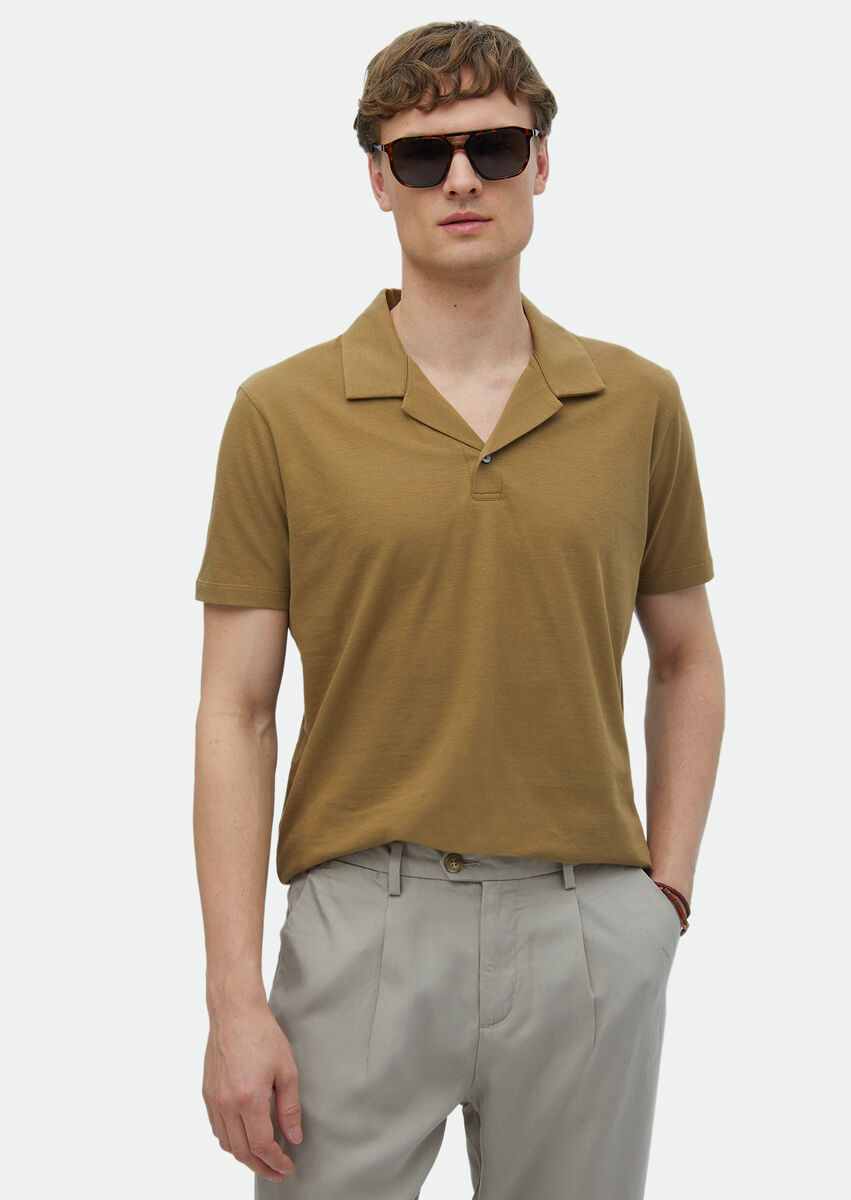 Deve Tüyü Düz Polo Yaka %100 Pamuk T-Shirt