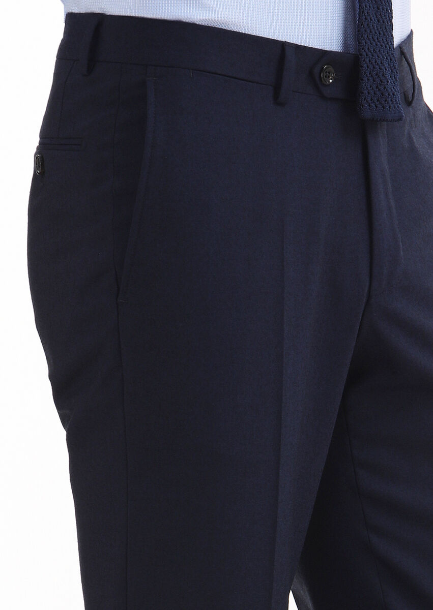 Lacivert Düz Kumaş Regular Fit Klasik Yün Karışımlı Pantolon