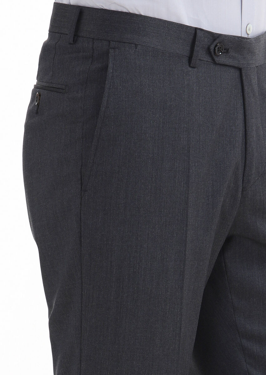 Koyu Gri Düz Kumaş Regular Fit Klasik %100 Yün Pantolon