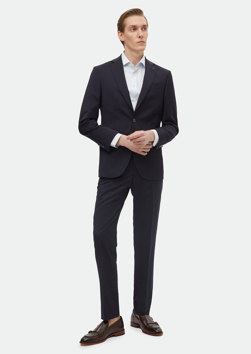 Lacivert Düz Modern Fit %100 Yün Takım Elbise - Thumbnail