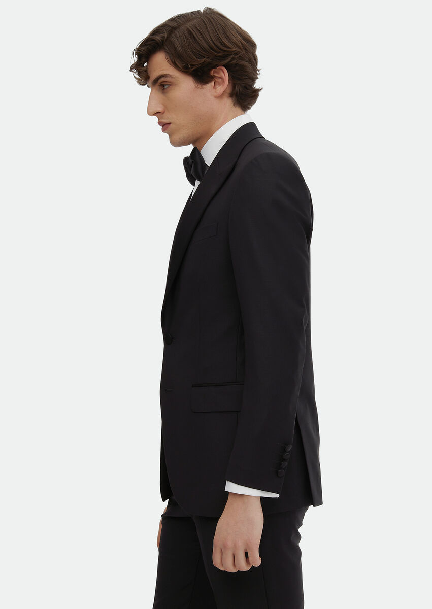 Siyah Düz Thin&taller Slim Fit Kruvaze Yaka Dokuma Smokin Takım Elbise