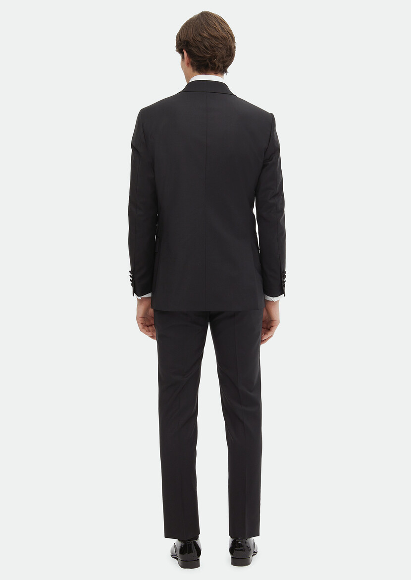 Siyah Düz Thin&taller Slim Fit Kruvaze Yaka Dokuma Smokin Takım Elbise - Thumbnail