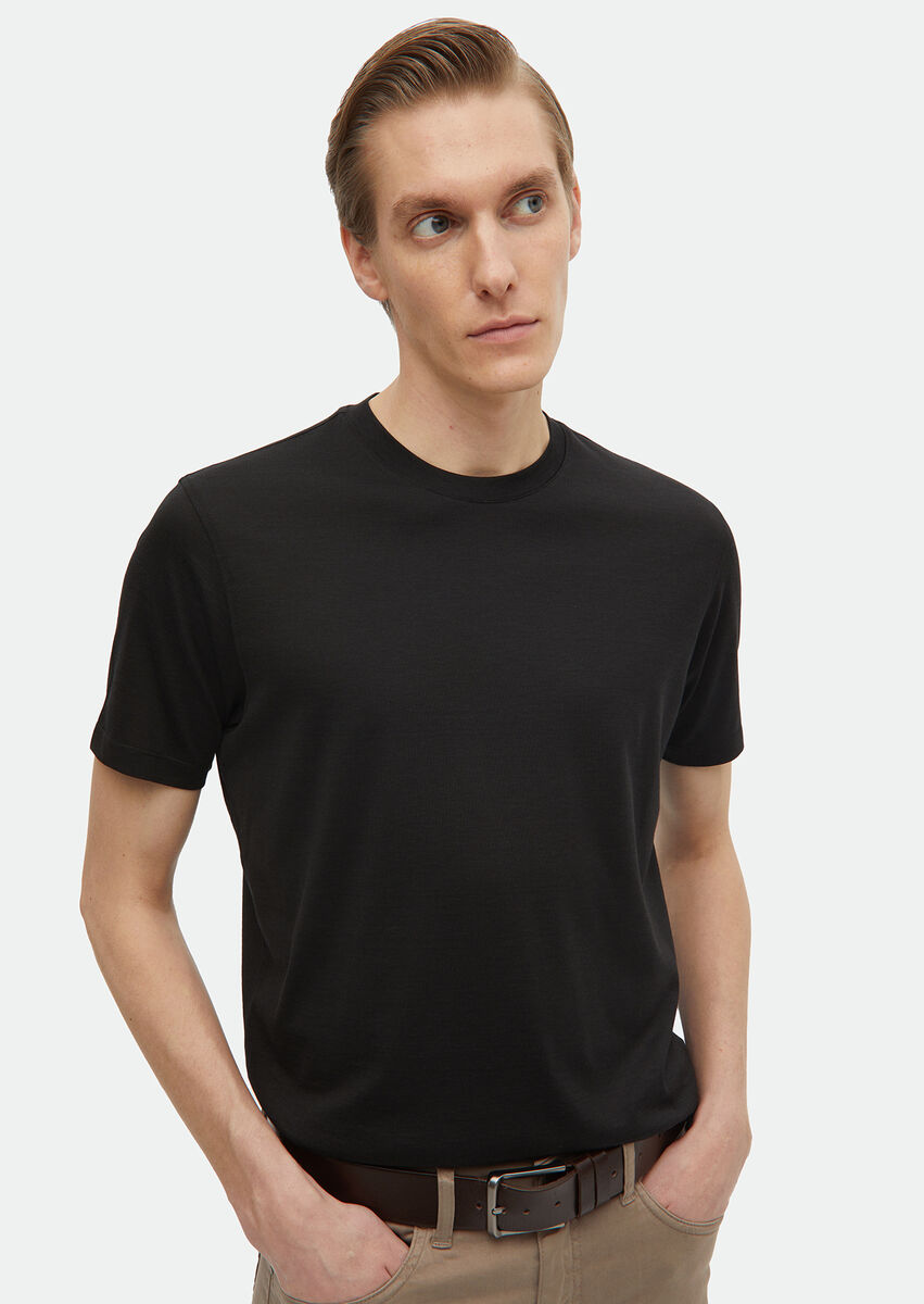 Siyah Düz Bisiklet Yaka Pamuk Karışımlı T-Shirt