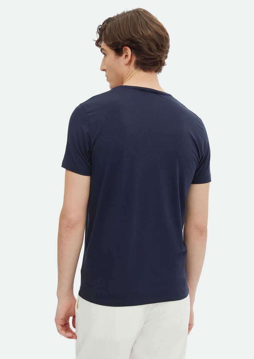 Lacivert Düz V Yaka Pamuk Karışımlı T-Shirt