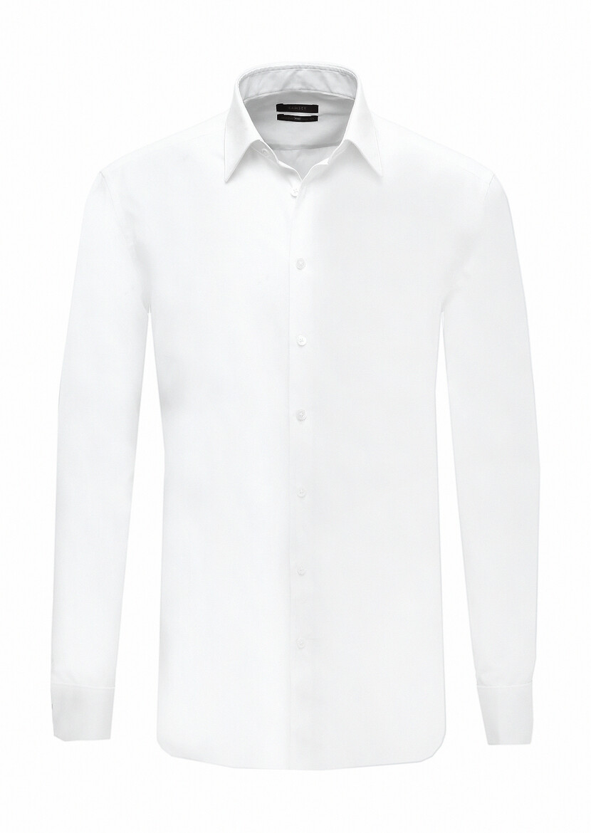 Beyaz Düz Dokuma Klasik %100 Pamuk Gömlek - Thumbnail