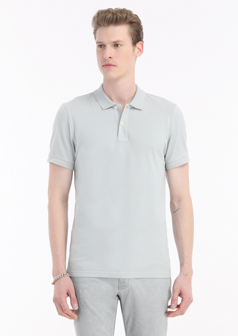 Açık Gri Baskılı Polo Yaka %100 Pamuk T-Shirt 