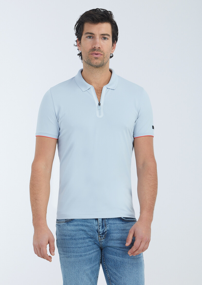 Açık Gri Baskılı Polo Yaka Pamuk Karışımlı T-Shirt 