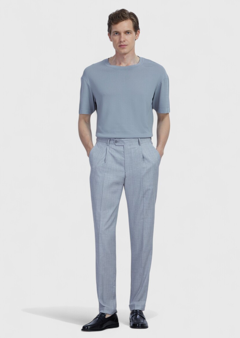 Açık Gri Düz Kumaş Slim Fit Casual %100 Yün Pantolon - 1