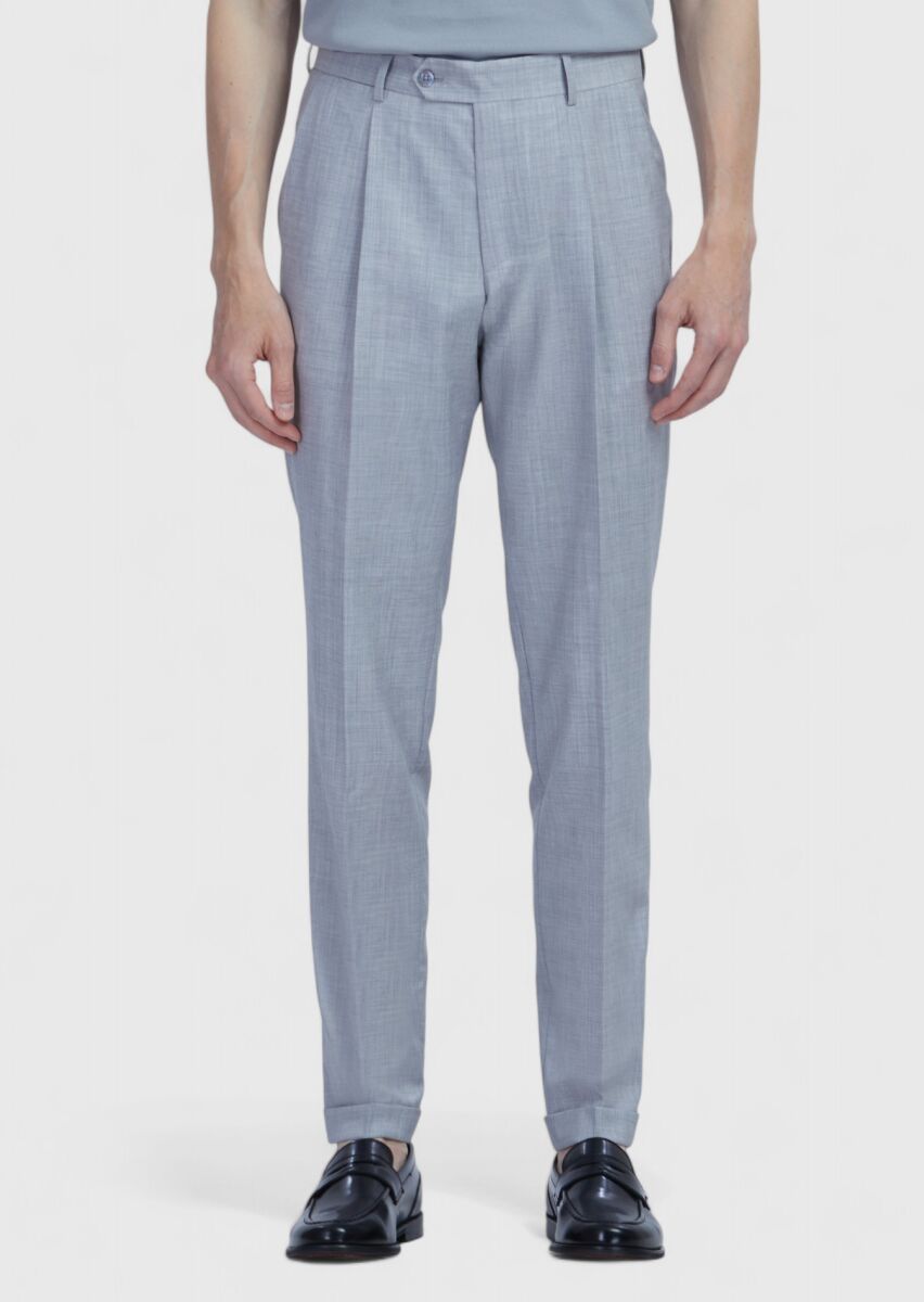 Açık Gri Düz Kumaş Slim Fit Casual %100 Yün Pantolon - 2
