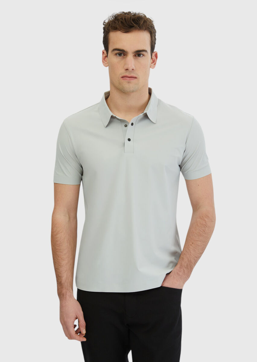 Açık Gri Düz Polo Yaka T-Shirt - 1