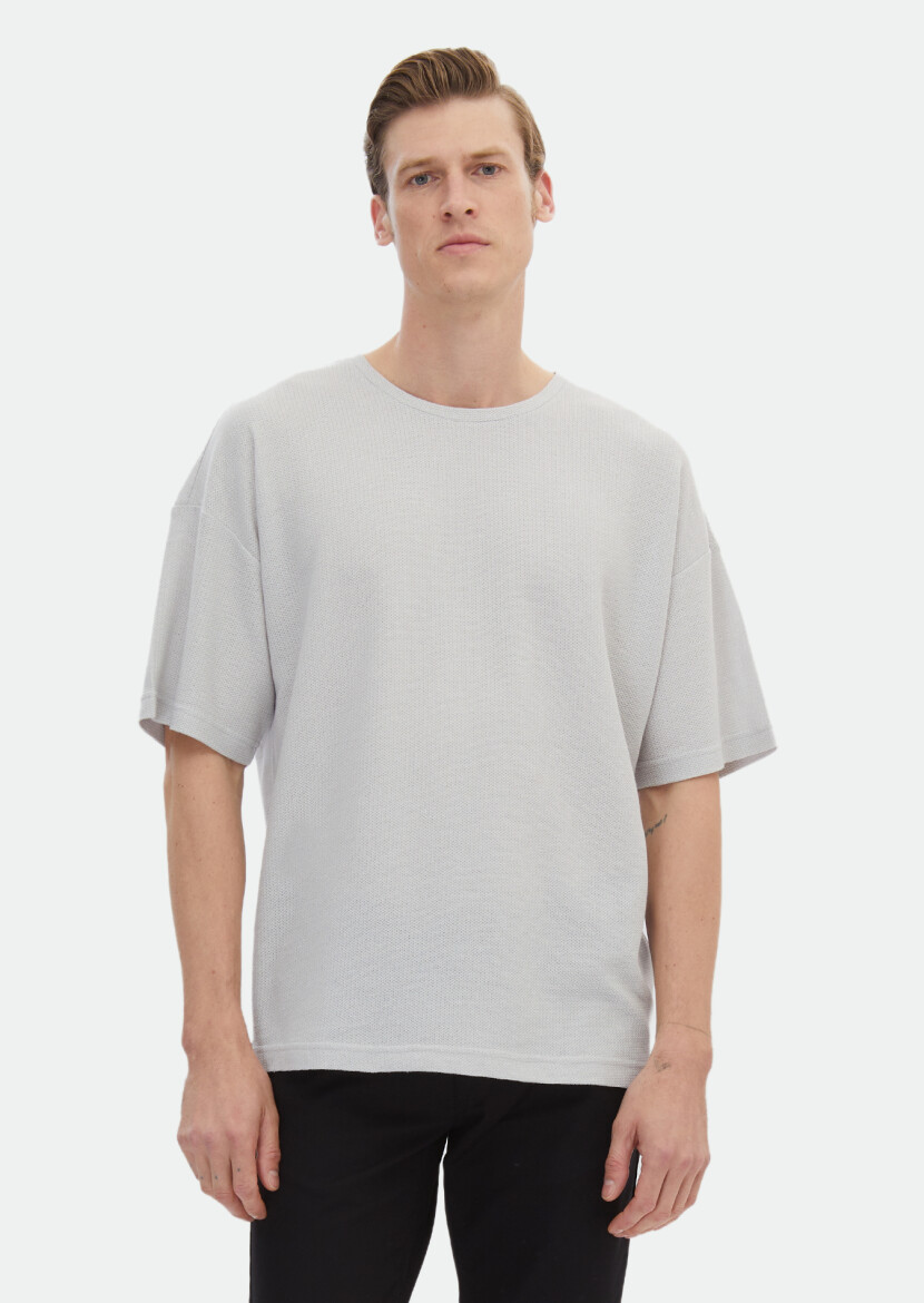 Açık Gri Jakarlı Bisiklet Yaka %100 Pamuk T-Shirt 