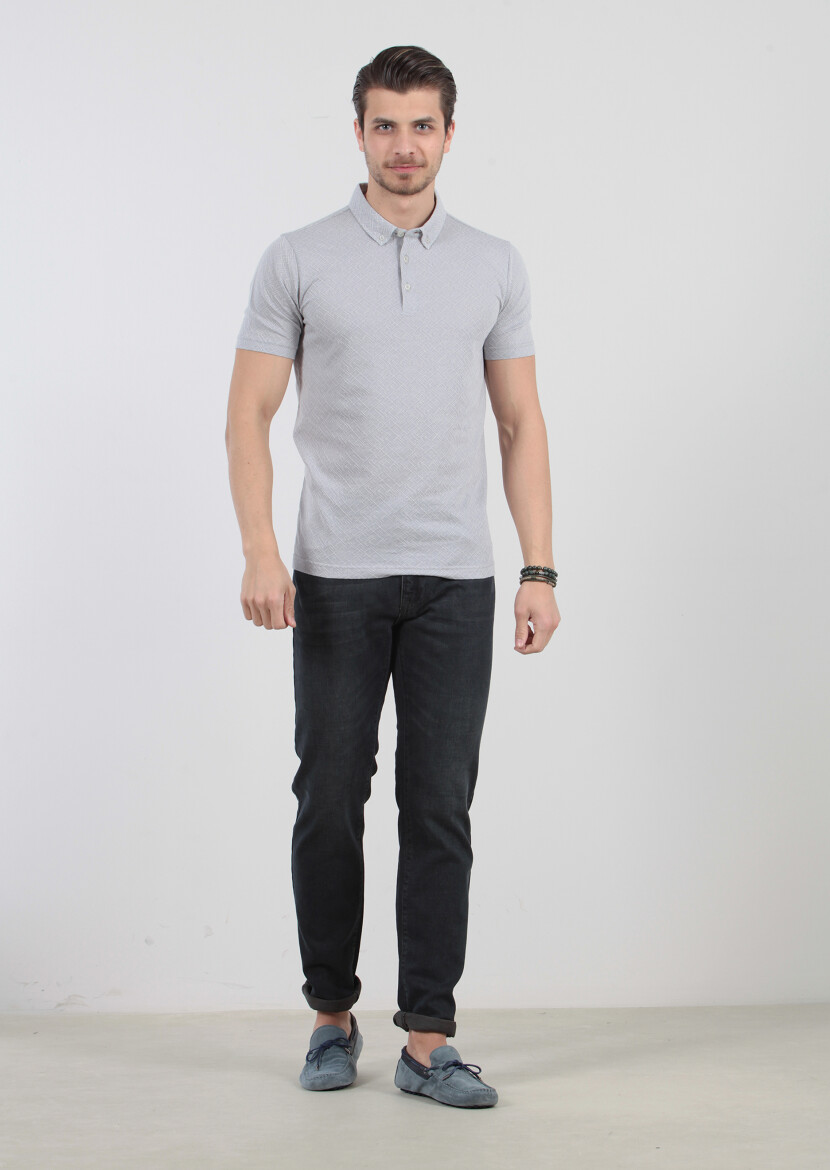 Açık Gri Jakarlı Polo Yaka %100 Pamuk T-Shirt - 1
