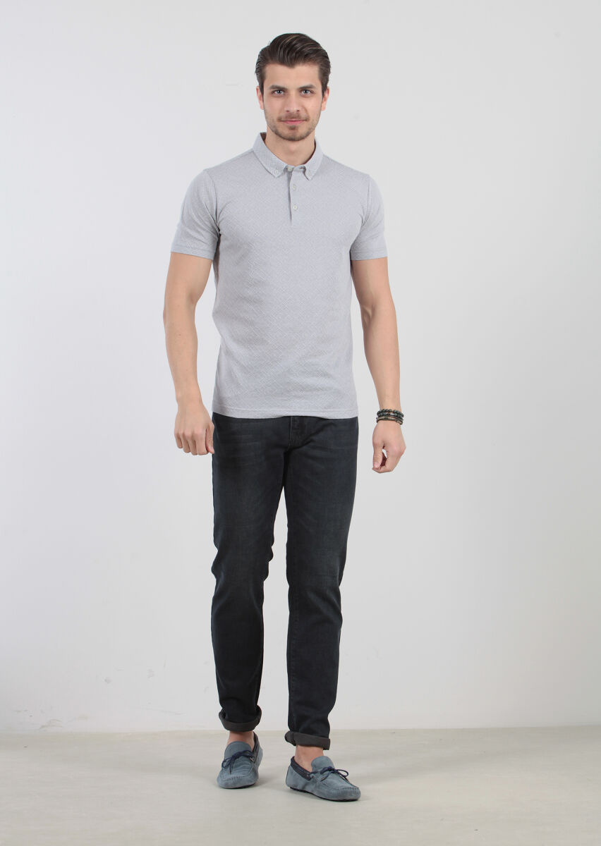 Açık Gri Jakarlı Polo Yaka %100 Pamuk T-Shirt - 1