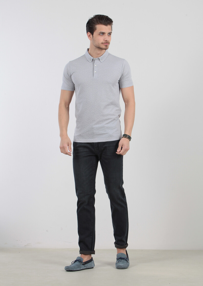Açık Gri Jakarlı Polo Yaka %100 Pamuk T-Shirt - 2