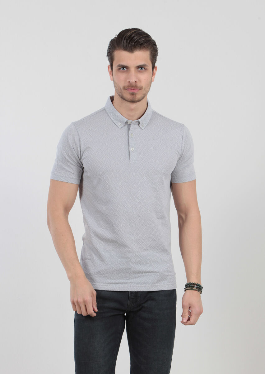 Açık Gri Jakarlı Polo Yaka %100 Pamuk T-Shirt - 3