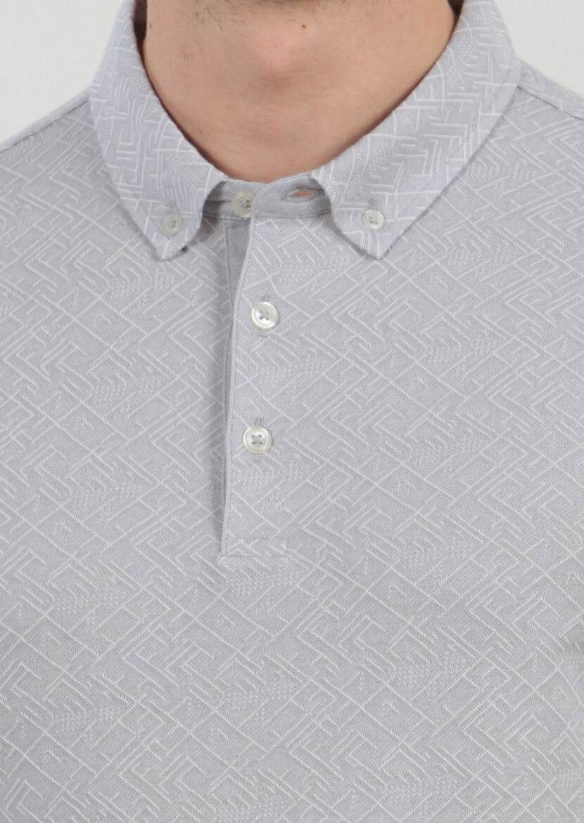 Açık Gri Jakarlı Polo Yaka %100 Pamuk T-Shirt - 4
