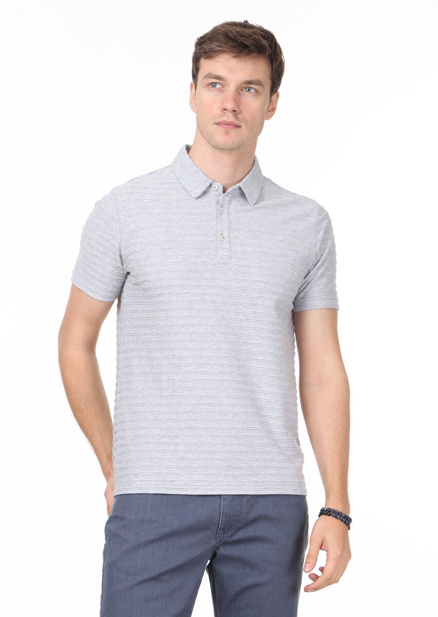 Açık Gri Jakarlı Polo Yaka %100 Pamuk T-Shirt - 1