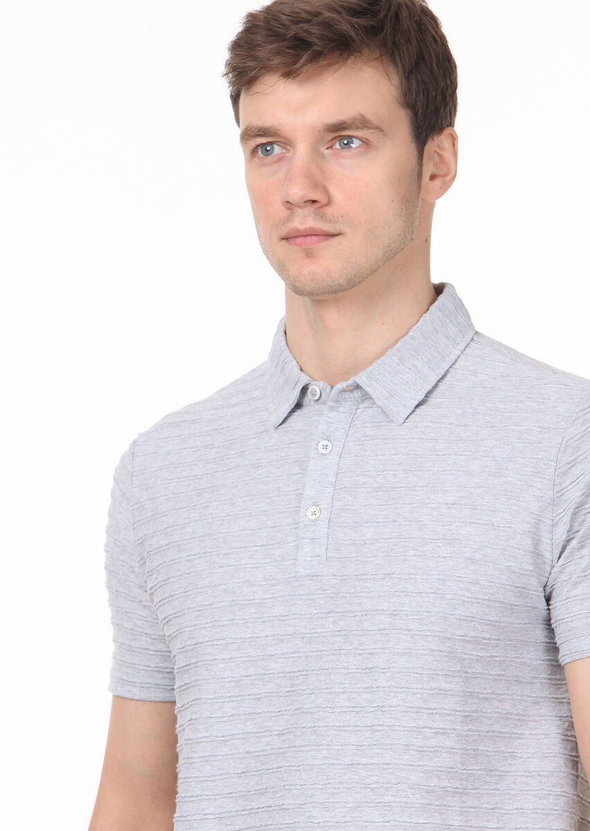 Açık Gri Jakarlı Polo Yaka %100 Pamuk T-Shirt - 2