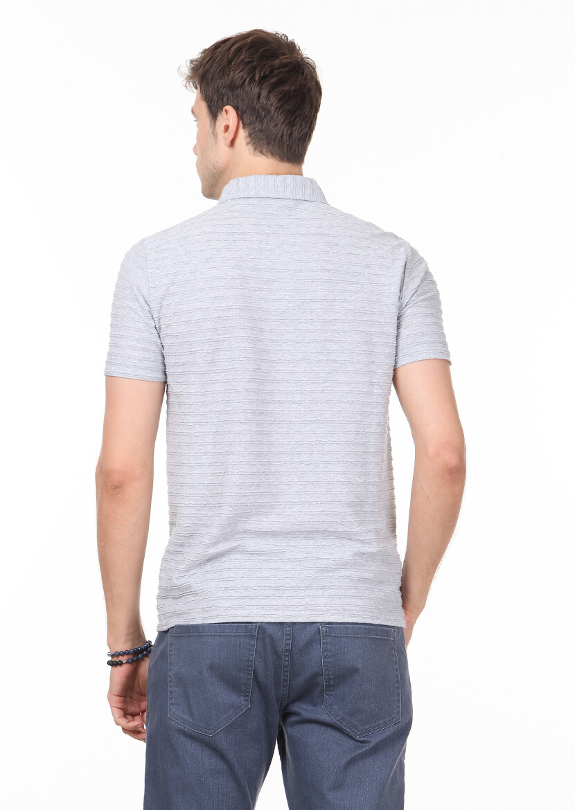 Açık Gri Jakarlı Polo Yaka %100 Pamuk T-Shirt - 4