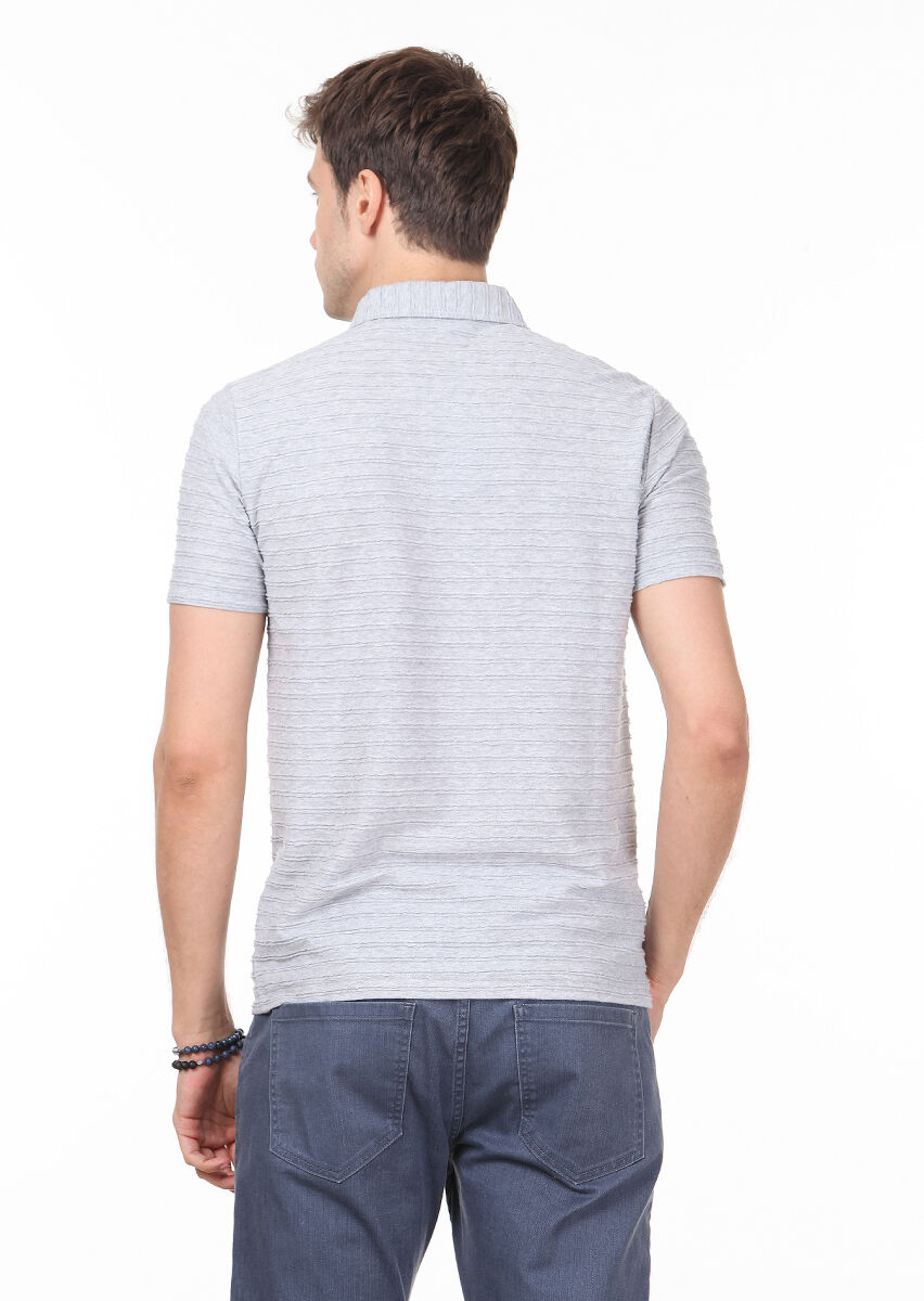 Açık Gri Jakarlı Polo Yaka %100 Pamuk T-Shirt - 4