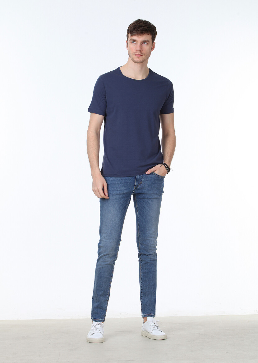 Açık İndigo Düz Pamuk Karışımlı T-Shirt 