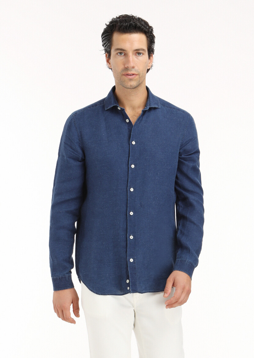 Açık İndigo Düz Regular Fit Dokuma Casual Gömlek 