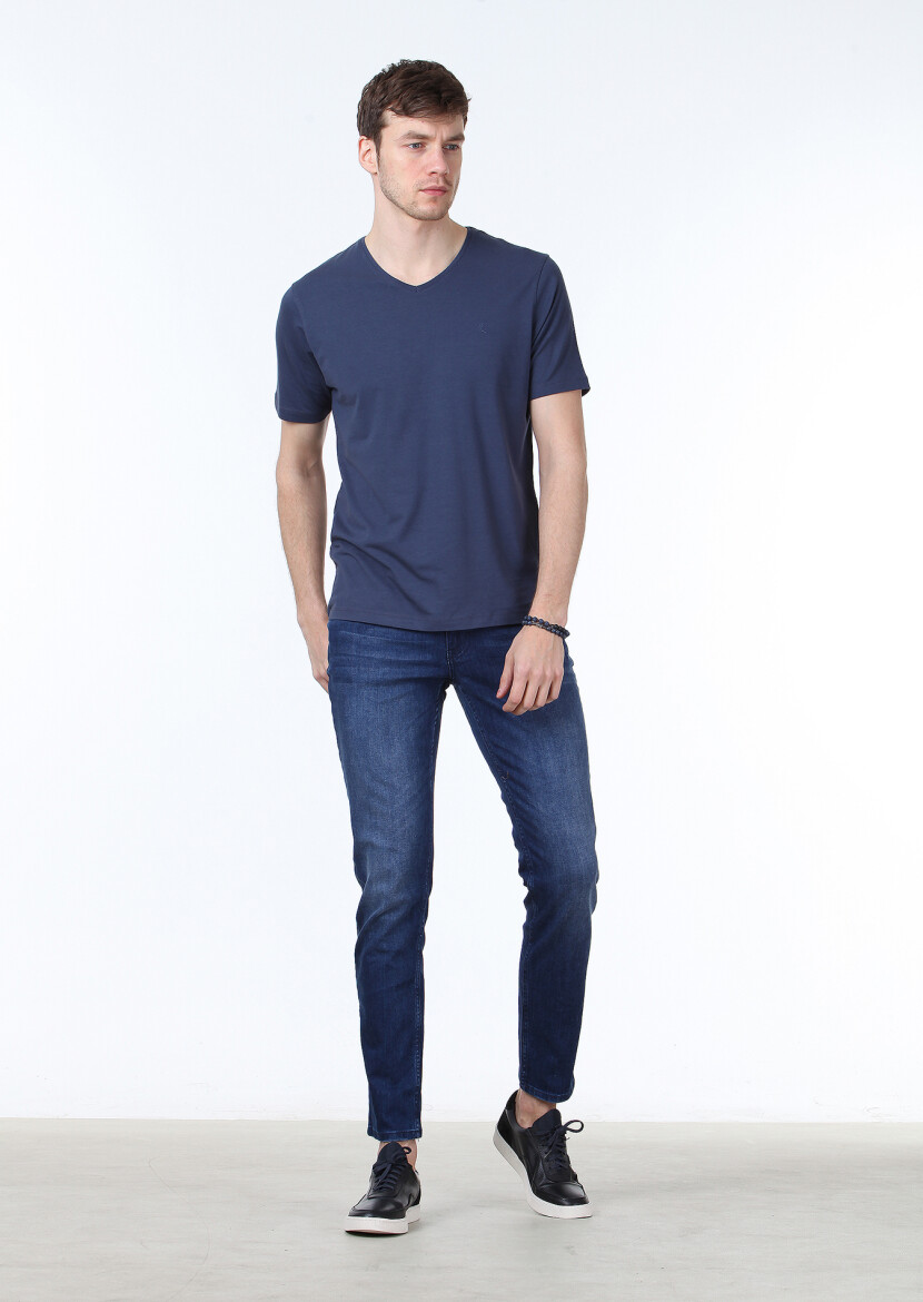 Açık İndigo Düz V Yaka Pamuk Karışımlı T-Shirt 