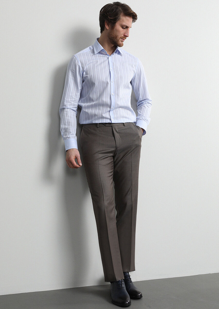Açık Kahve Düz Kumaş Regular Fit Klasik %100 Yün Pantolon - 1