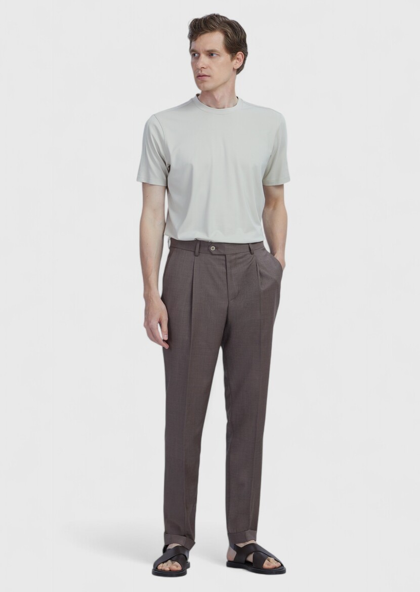 Açık Kahve Düz Kumaş Slim Fit Casual %100 Yün Pantolon - 1