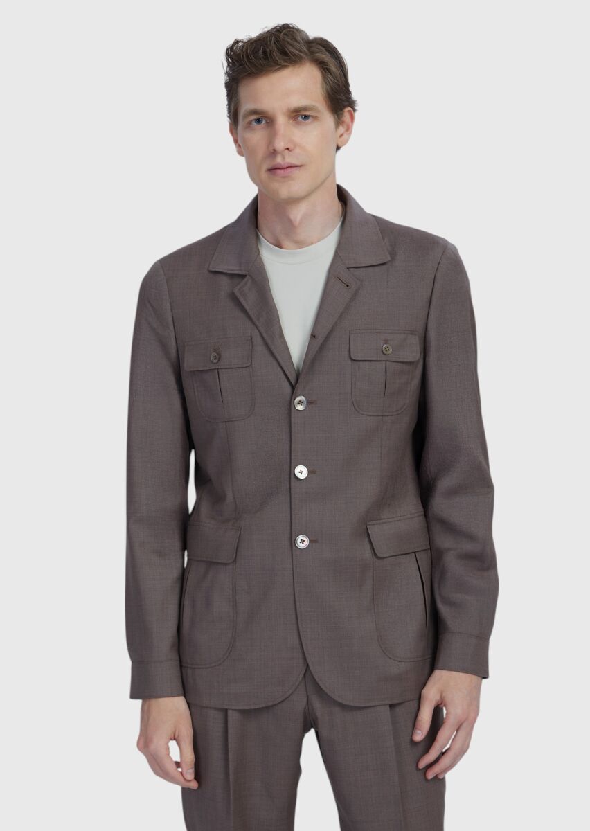 Açık Kahve Düz Shirt Shoulder Slim Fit %100 Yün Ceket - 1