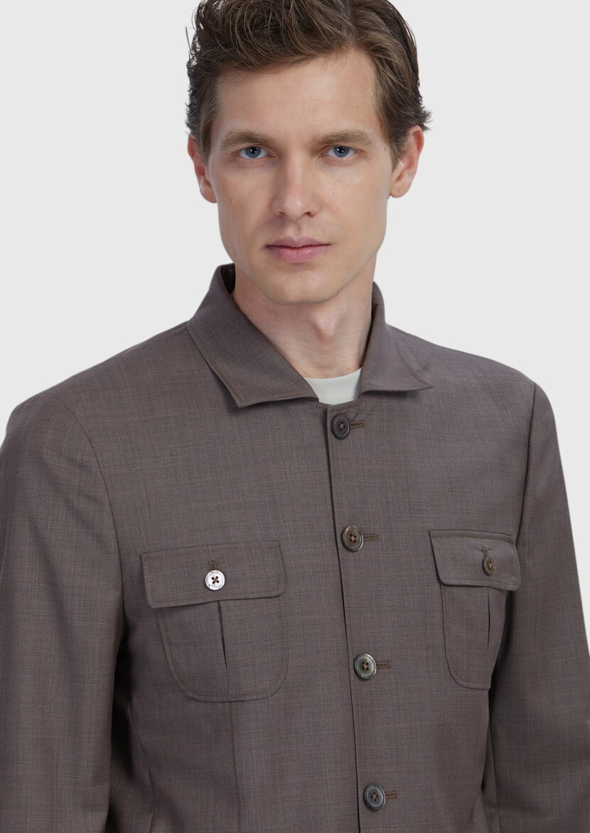 Açık Kahve Düz Shirt Shoulder Slim Fit %100 Yün Ceket - 4