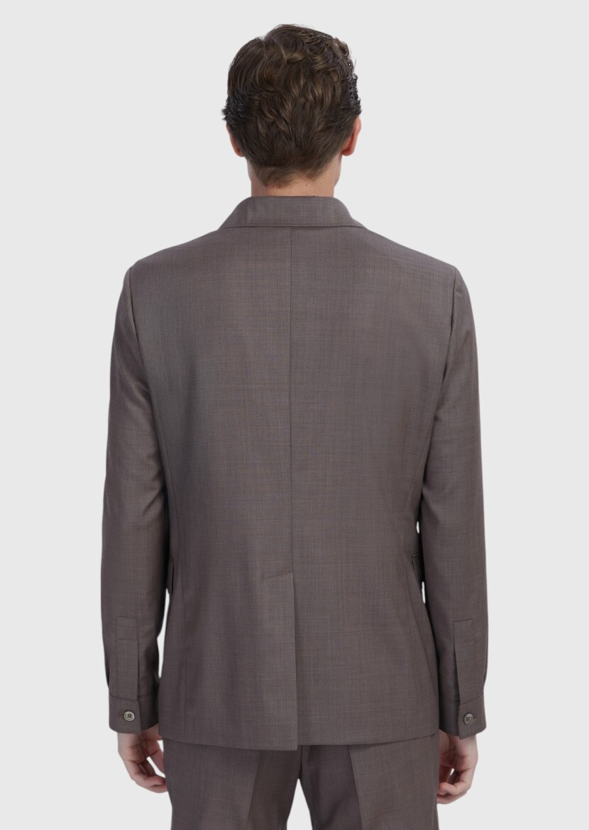 Açık Kahve Düz Shirt Shoulder Slim Fit %100 Yün Ceket - 6