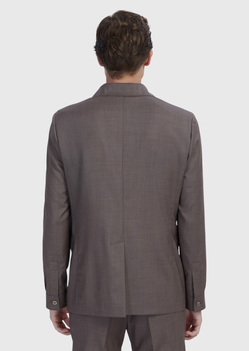 Açık Kahve Düz Shirt Shoulder Slim Fit %100 Yün Ceket - 6