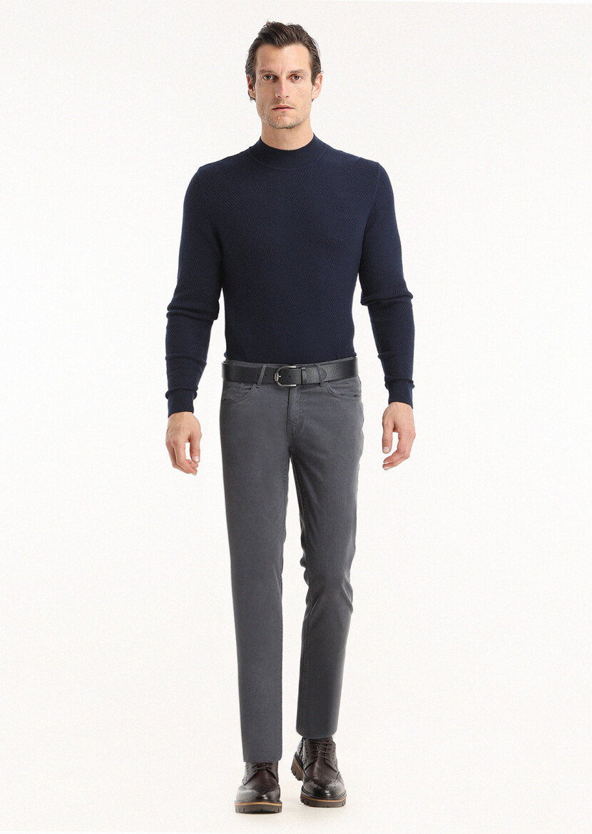 Açık Lacivert Düz Dokuma Slim Fit Casual Pamuk Karışımlı Pantolon - 1