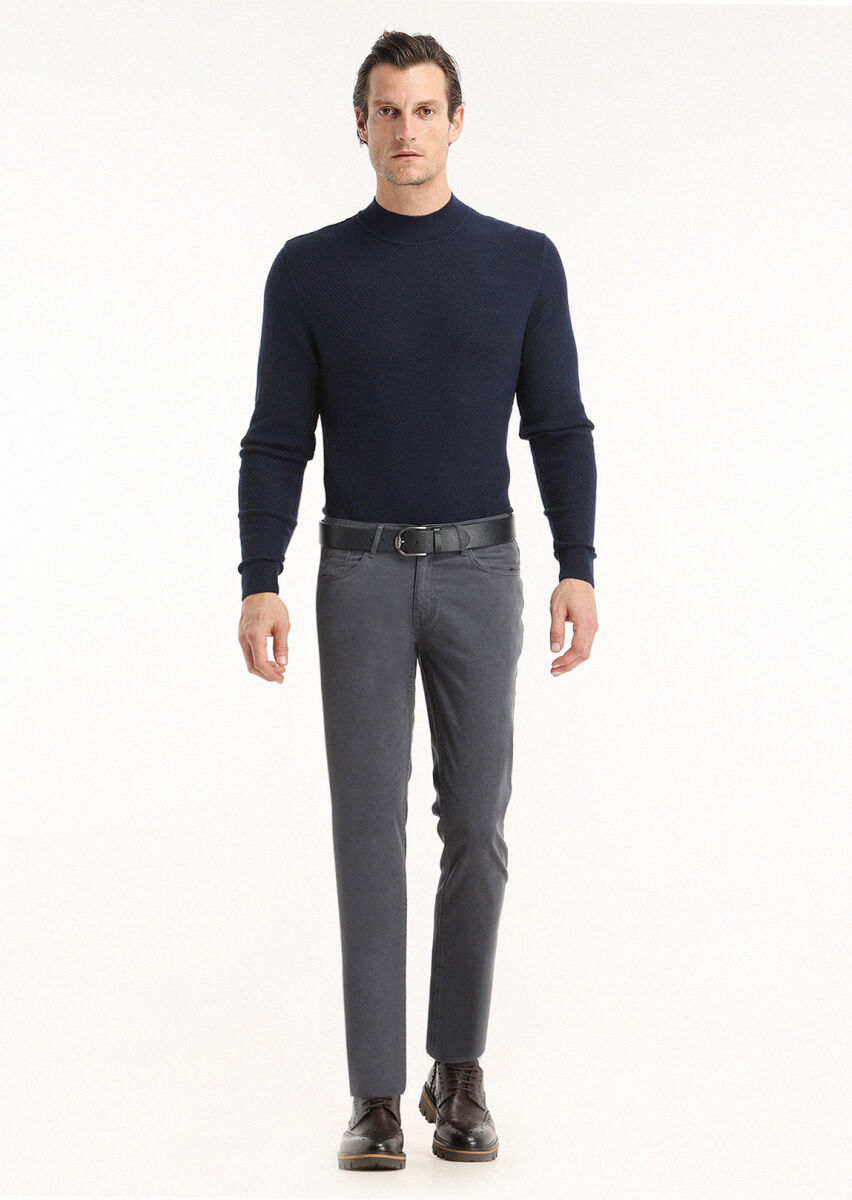 Açık Lacivert Düz Dokuma Slim Fit Casual Pamuk Karışımlı Pantolon - 1