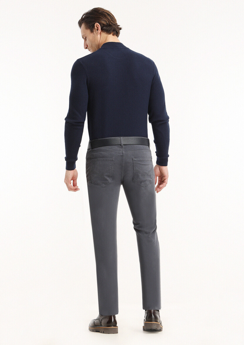 Açık Lacivert Düz Dokuma Slim Fit Casual Pamuk Karışımlı Pantolon - 4